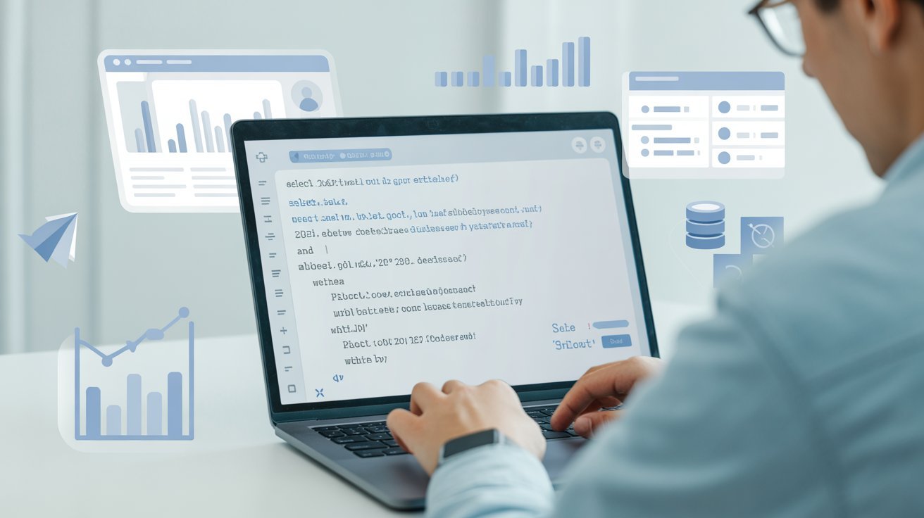 SQL interview questions for junior data analysts with sample queries and database concepts displayed on a laptop screen.