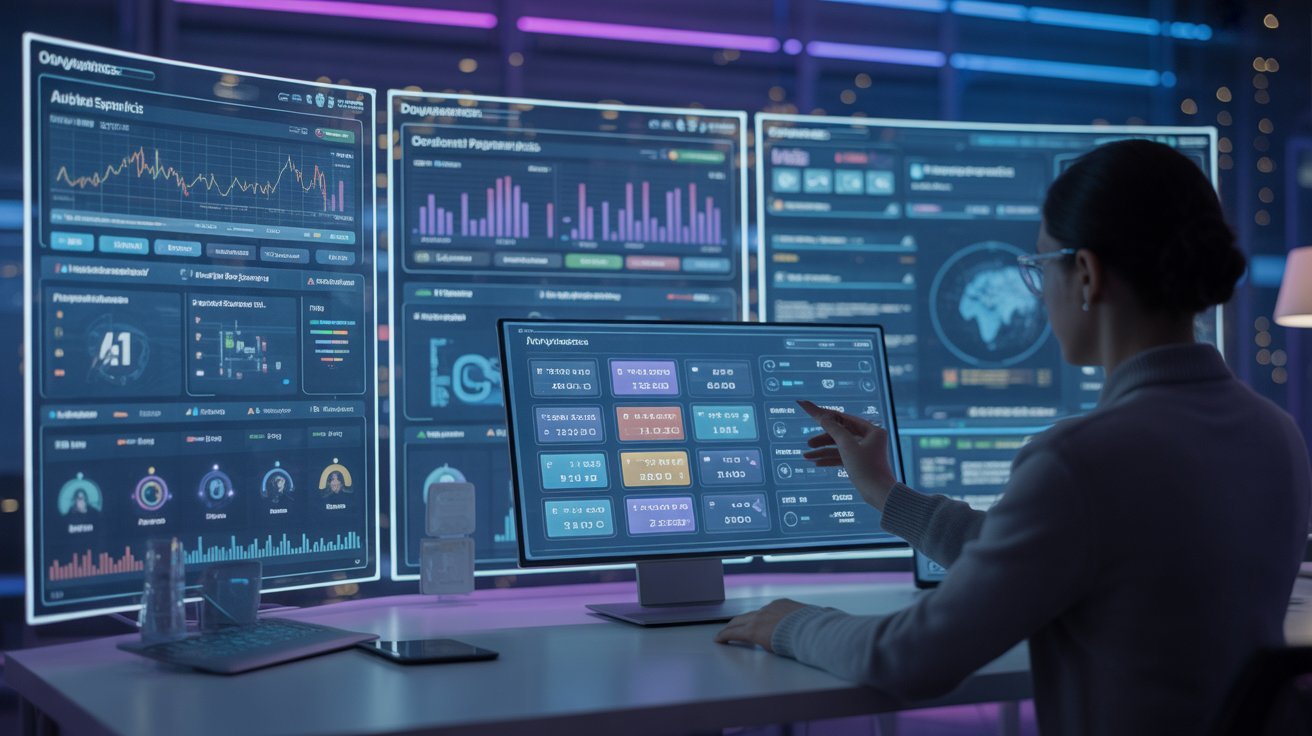 Digital marketing dashboard showing AI-powered micro-segmentation and hyper-targeted campaign analytics on multiple data screens.