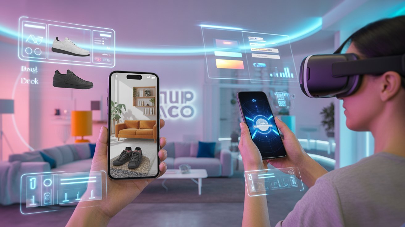 Person using augmented reality app to visualize products in a living room while another explores a virtual reality brand experience, representing immersive marketing with AR and VR.