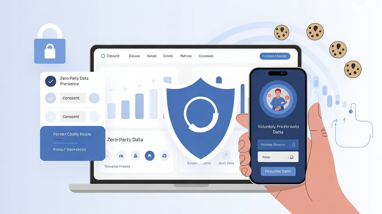 Illustration of zero-party data strategy showing a customer sharing preferences securely on a mobile device with a privacy shield and analytics dashboard.