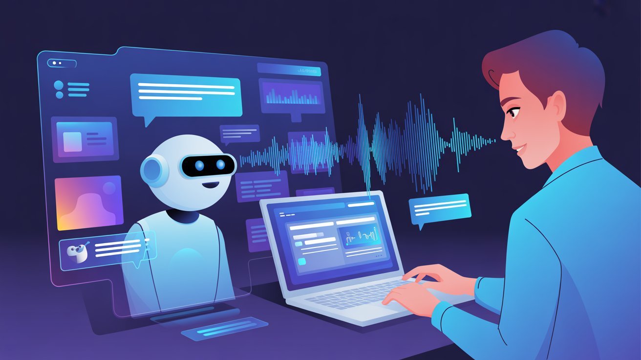 Illustration of AI chatbot and voice assistant enabling real-time conversational marketing and customer engagement.