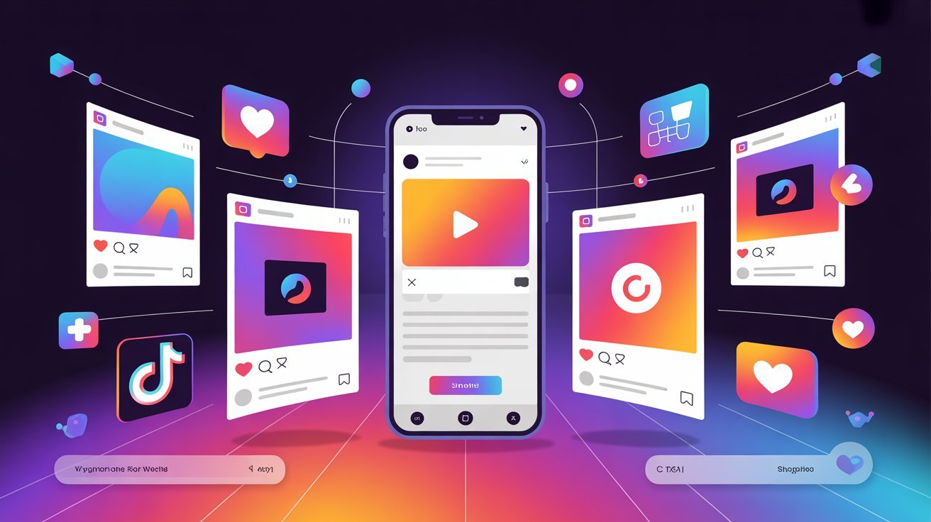 Smartphone displaying short-form video content with engagement icons and analytics graphics representing TikTok, Instagram Reels, and YouTube Shorts marketing strategy.