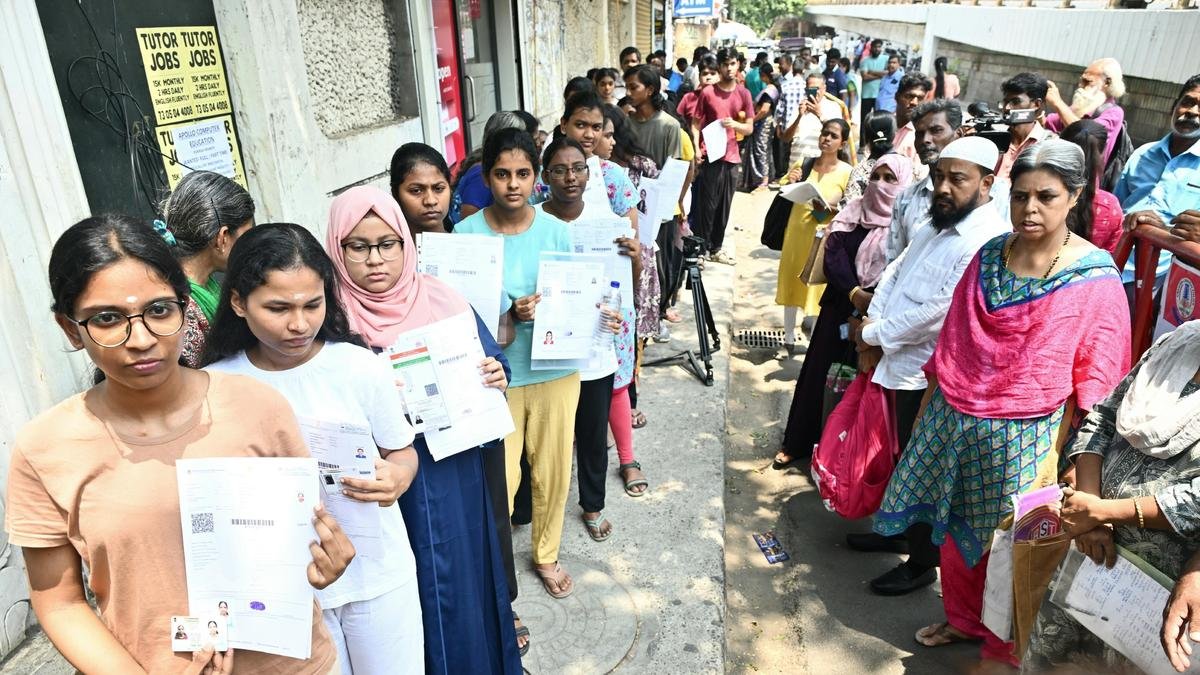 Students in Chennai on the day of NEET-UG re-examination on June 21, 2026.